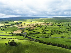 Farms and Fields over Yorkshire Dales National Park from a dron, North Yorkshire, England, United