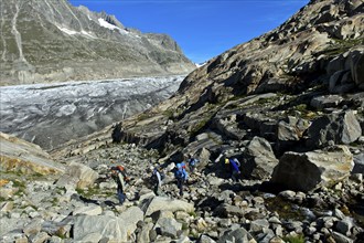 A group of hikers in the scree on the Great Aletsch Glacier, UNESCO World Heritage Swiss Alps