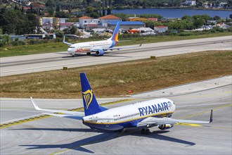 Boeing 737-800 Ryanair and Jet2 aircraft at Skiathos Airport, Greece, Europe