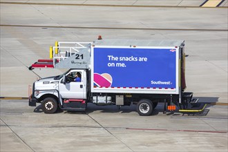 A catering truck with Southwest Airlines aircraft food at Dallas Airport, USA, North America