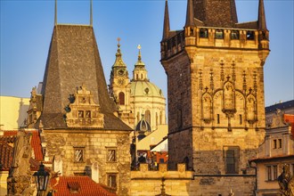 Lesser Town Bridge Tower in the early morning, Charles Bridge in Prague, Czech Republic, Europe