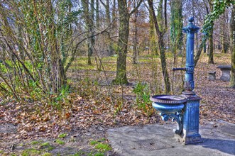 Old Blue Beautiful and Elegant Water Fountain in the Forest in Locarno, Ticino, Switzerland, Europe