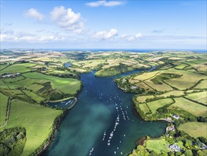 Salcombe and Mill Bay over Kingsbridge Estuary from a drone, Batson Creek, Southpool Creek, Devon,