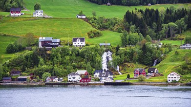 Mountains and Fjord over Norwegian Village, Olden, Innvikfjorden, Norway, Europe