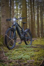 E-bike in the forest leaning against a tree, surrounded by moss and trees, Gechingen, Black Forest,