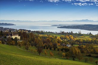 View over Lake Constance in autumn, Spetzgart Castle in front, Alpine chain behind, near