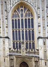 Bath Abbey frontage with ascending and descending angels, Bath, Somerset, England, UK