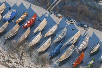 Aerial view, boat storage, sailboats, winter, break, winter break, Bergedorf, Hamburg