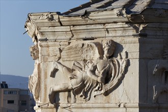 Wind god Lips, south-west wind, relief on the Tower of the Winds, Roman Agora, Athens, Greece,