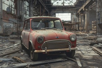 An old, weathered and dusty British vintage car, wreck, of the Mini Cooper type from the 1960s