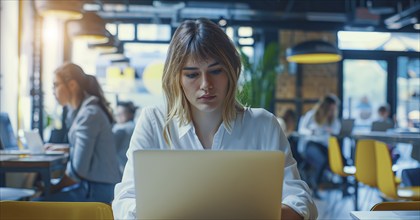 A business woman is sitting at a table with a laptop in front of her working remotely with the team