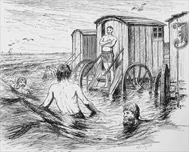 Bathing pleasures on Borkum, North Sea, East Frisia, Lower Saxony, mobile bathing carriages,