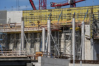 Construction site, at the Cologne Trade Fair Centre, new building, construction cranes, walls,