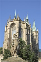 Minerva fountain with sculpture and lance and Gothic UNESCO cathedral, Minerva, Roman goddess,