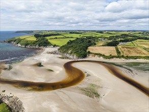 River Emme and Red Cove from a drone, Mothecombe, Plymouth, South Devon, England, United Kingdom,