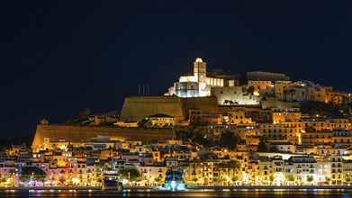 Illuminated fortress and old town, night shot, Eivissa, Ibiza Town, Ibiza, Balearic Islands,