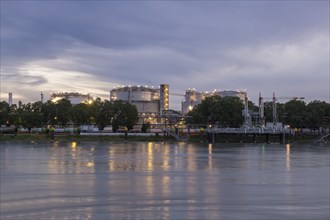 BASF, Lugwigshafen on the Rhine, industrial area, dusk, Mannheim, Baden-Württemberg, Germany,