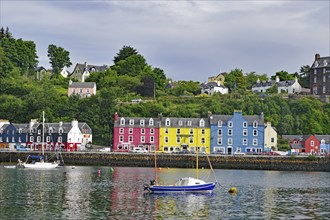 Houses with colourful facades along a harbour, boats in the foreground and a green hill in the