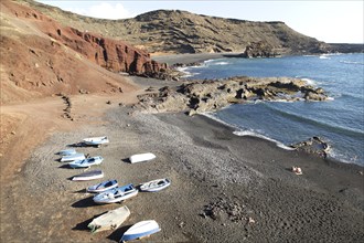 Fishing boats black sand beach, El Golfo, Lanzarote, Canary Islands, Spain, Europe