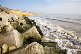 Concrete rectangular blocks protecting soft cliffs coastal defences at Easton Bavents, Southwold,