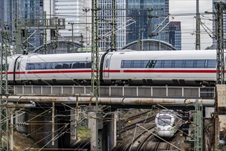 ICE train on the track in front of the main station of Frankfurt am Main, Skyline, Hesse, Germany,