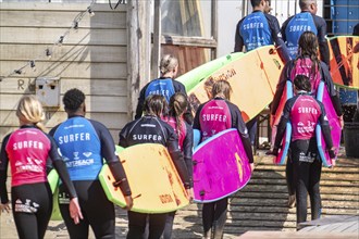 Course for surfers, surfing beginners, on the beach of Scheveningen, Netherlands