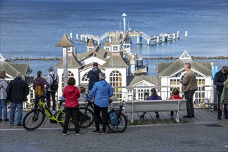 The pier of Sellin, 394 metres long, with restaurant, jetty, tourists, island of Rügen,