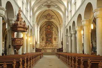 Interior view with pulpit, paintings, decorations, magnificent, columns, Minster, Our Lady,