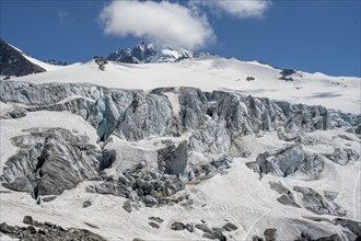 High alpine mountain landscape, Glacier du Tour, glacier with crevasses and mountain peak, summit