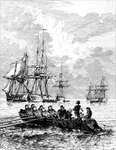 Landing of Napoleon in the Gulf of Juan, secret return from Elba, three-master, rowing boat, rower,