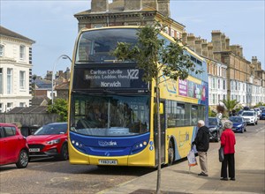 CoastLink double decker bus route X22 service to Norwich, Lowestoft, Suffolk, England, UK