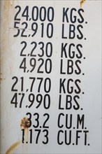 Close-up of maximum cargo cubic weight holding capacity indicated in kilograms and pounds on