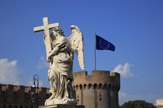 Statue of an angel with a cross on the Bridge of Angels over the Tiber, Rome, Italy, Europe