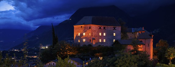 Night shot of Schenna Castle, Castelo, Schenna, Scena, South Tyrol, Autonomous Province of Bolzano,