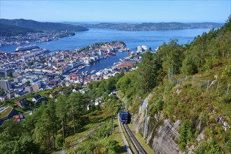 Panoramic view of Bergen with harbour on a clear day, cable car ascending the wooded mountain,