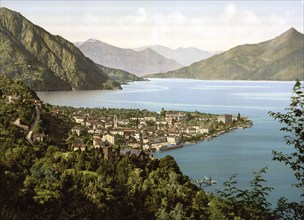 Menaggio, General view, Lake Como, Italy, Historical, digitally restored reproduction from a 19th