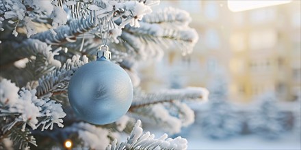 Christmas banner with frosted blue bauble ornament with snow covered tree. Generative Ai, AI