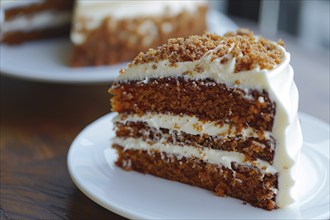 Slice of carrot cream cake on plate. Generative Ai, AI generated