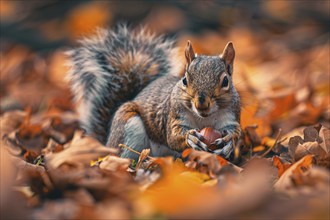 Squirrel holding acorn nut in hand between colorful autumn leaves. Generative Ai, AI generated