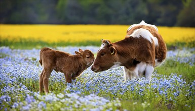 A brown cow and a calf, studio, AI generated