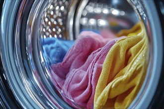 Close up of colorful clothes in washing machine. Generative Ai, AI generated