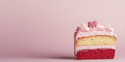 Slice of layered cake with heart on pastel pink background with copy space. Generative Ai, AI