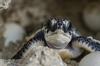 Newly hatched young sea turtle with eggs. Generative Ai, AI generated