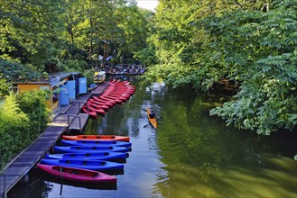 The River Oker with boat hire in the city centre, Braunschweig, Lower Saxony, Germany, Europe