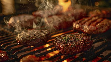 Several hamburgers sizzling on the BBQ. generative AI, AI generated