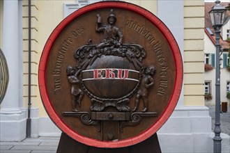 Beer keg of the EKU brewery, Erste Kulmbacher Actien-Exportbier Brauerei, in front of the town hall