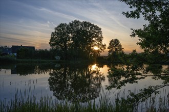 Evening sun reflected in a village pond, Mecklenburg-Western Pomerania, Germany, Europe