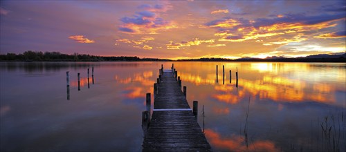 Panorama, jetty on Lake Chiemsee at sunrise, Prien am Chiemsee, Bavaria, Germany, Europe