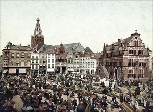 The large market in Nijmegen, Nijmegen, in Gelderland, Holland, 1890, Historical, digitally