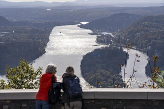 View from the Drachenfels plateau, on the Rhine to the south, tourists, the Drachenfels is a